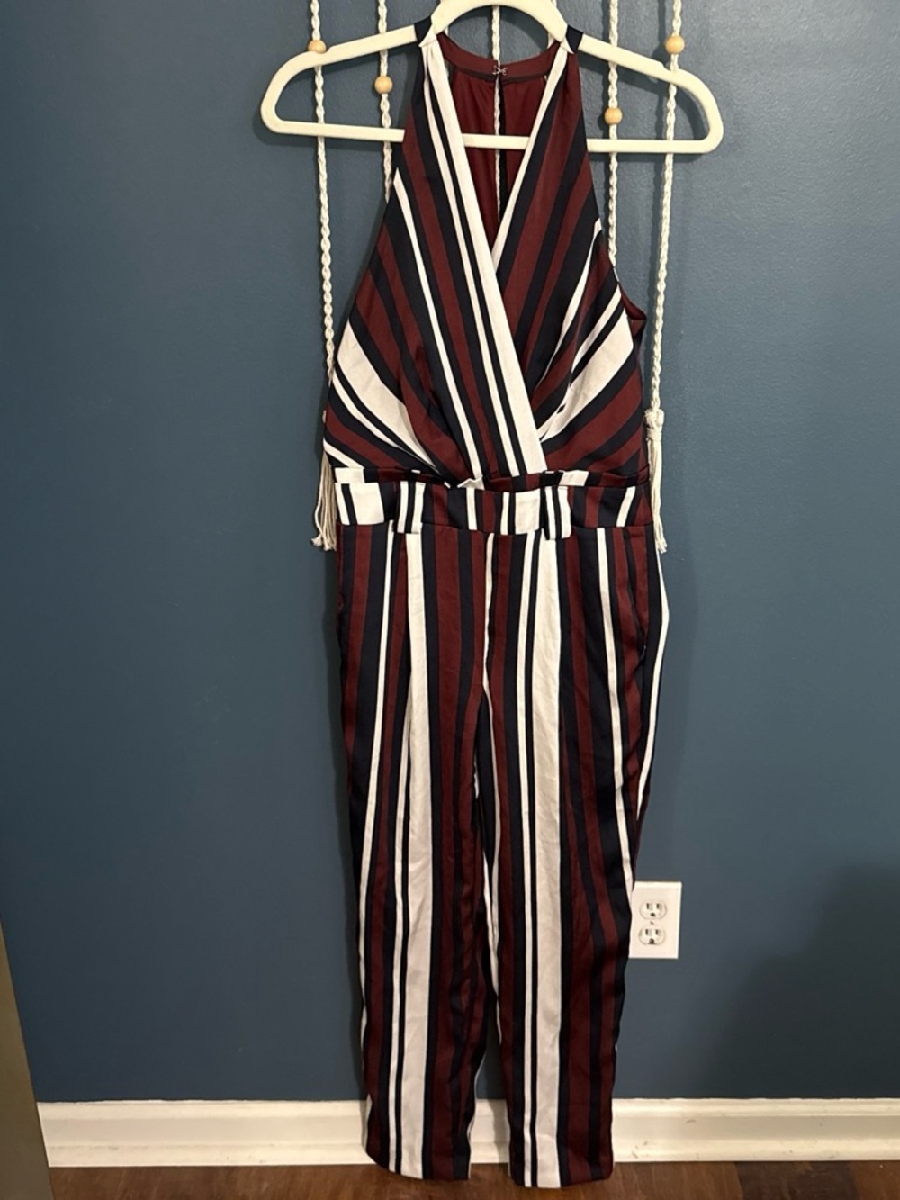 Express Striped Halter Jumpsuit in Burgundy, Navy & White